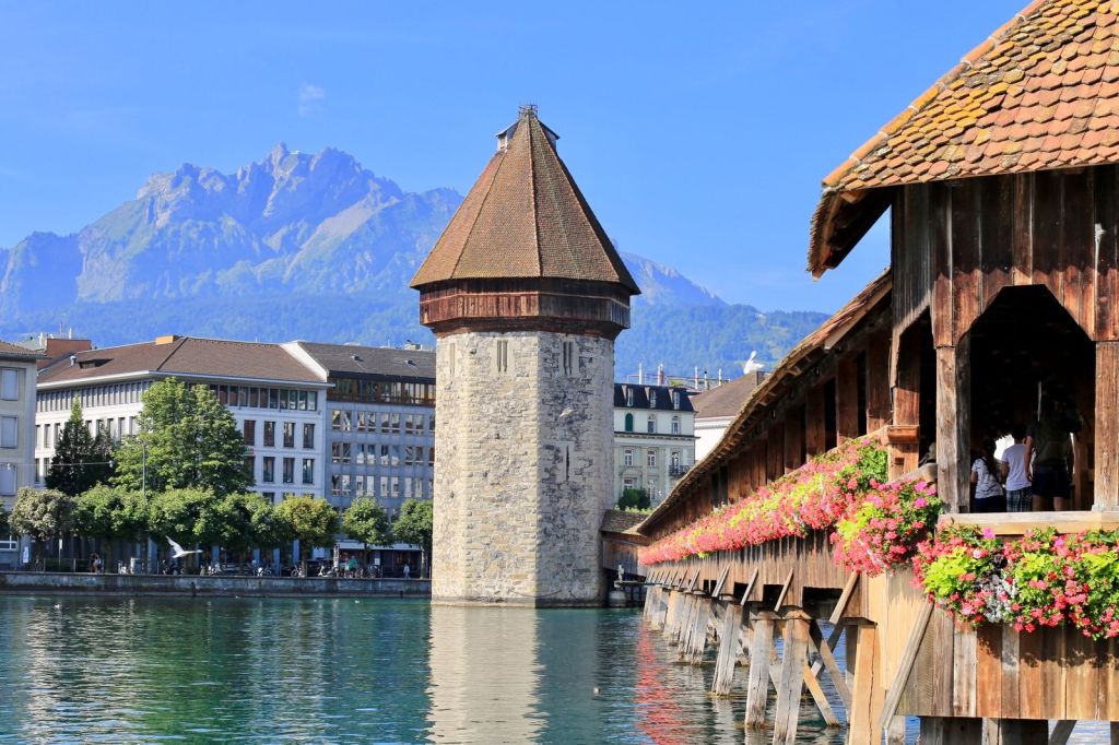 Chapel Bridge and Water Tower in Lucerne on a sunny day